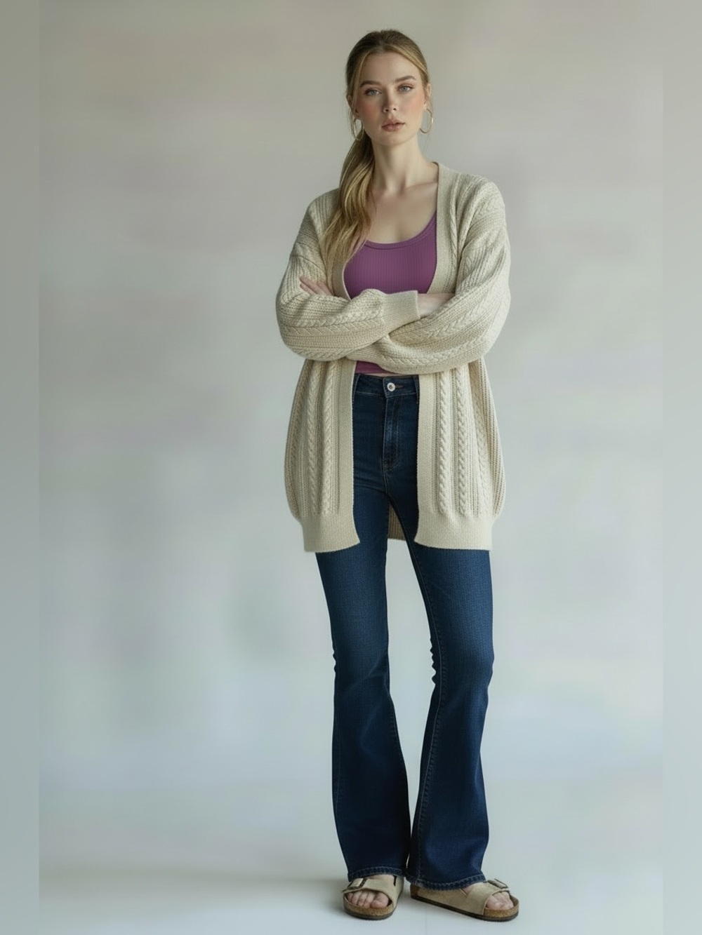 Cyrus Cream Cable Knit Open-Front Cardigan